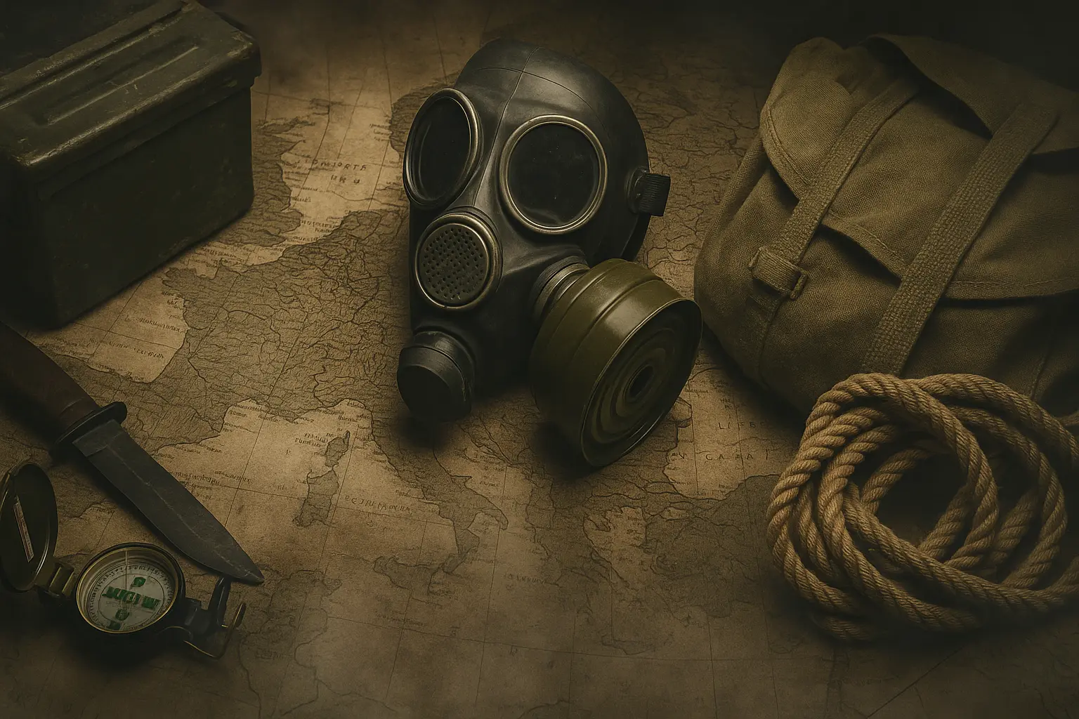 Survival gear laid out on a map of Britain